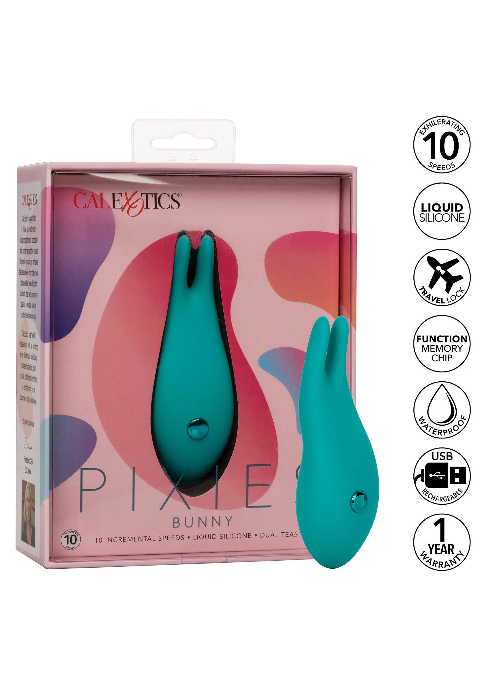 CalExotics Pixies Bunny verpakking met turquoise konijn-vibrator en productafbeelding
