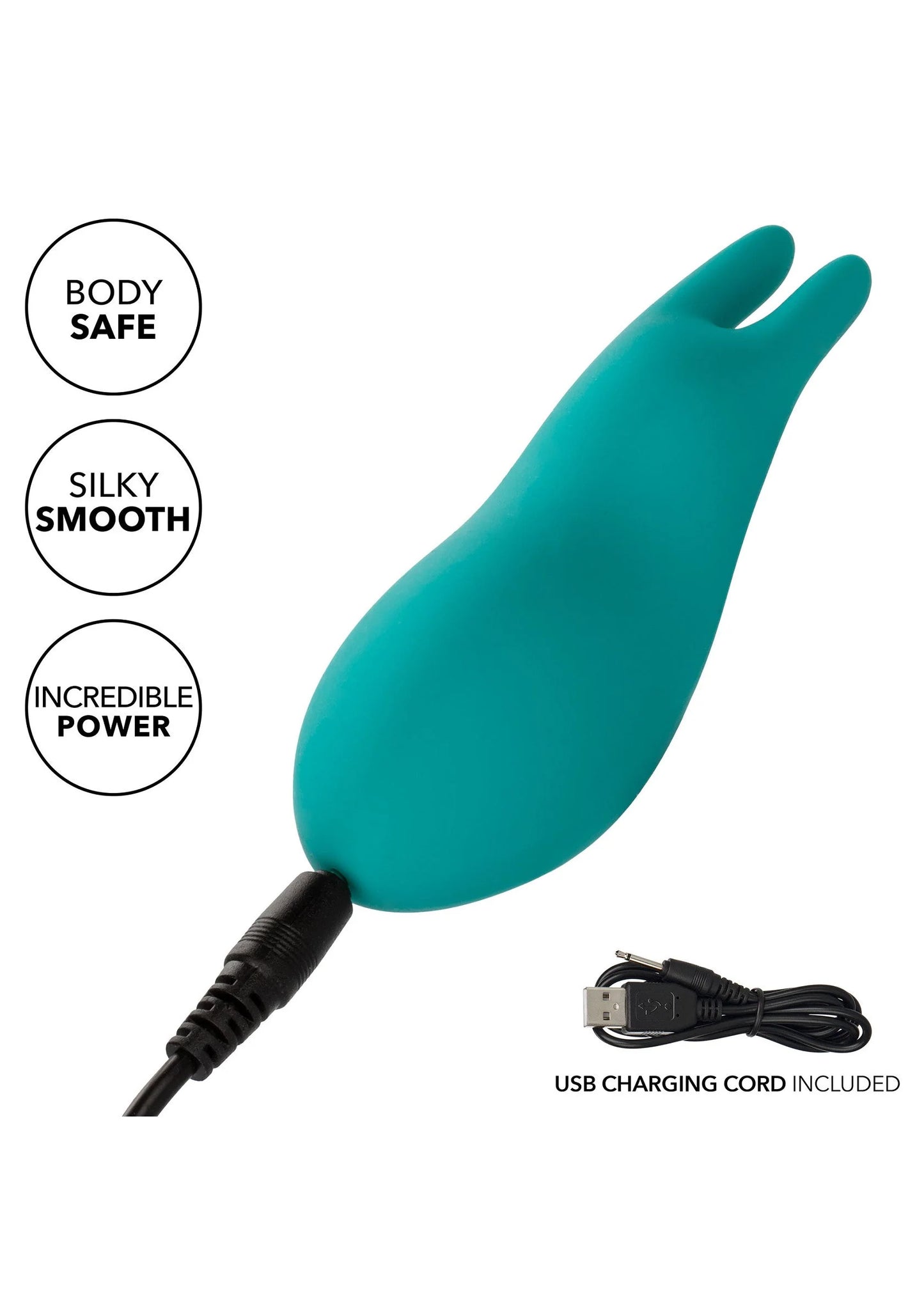 Turquoise konijn-vibrator met USB-oplaadkabel en twee oren