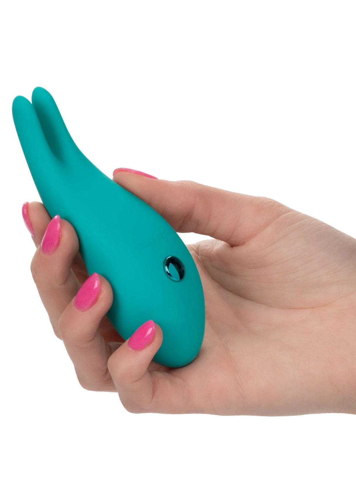 Turquoise konijn-vibrator vastgehouden in hand, ronde knop zichtbaar
