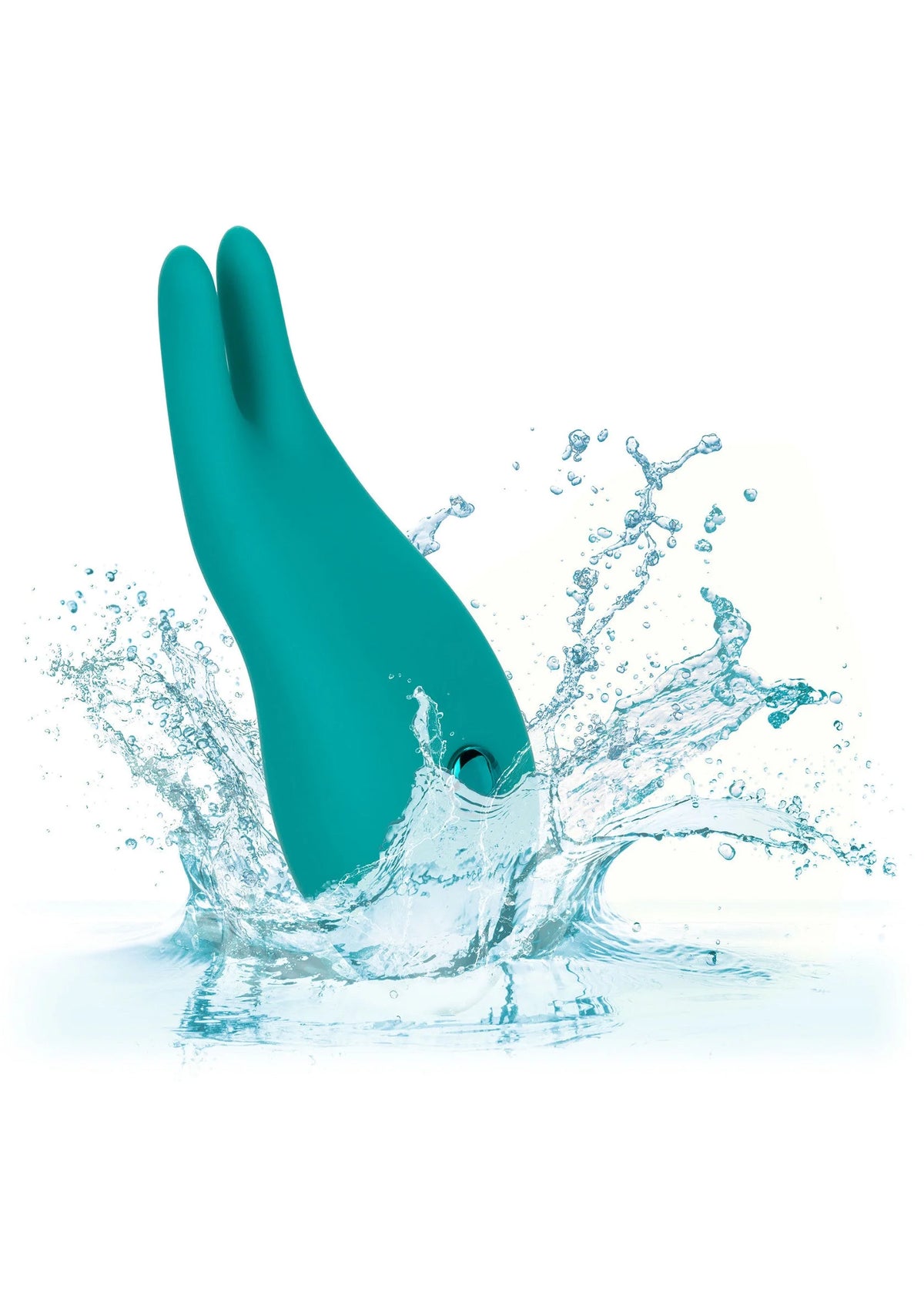 Turquoise konijn-vibrator met waterdruppels en spatten rond het silicone oppervlak