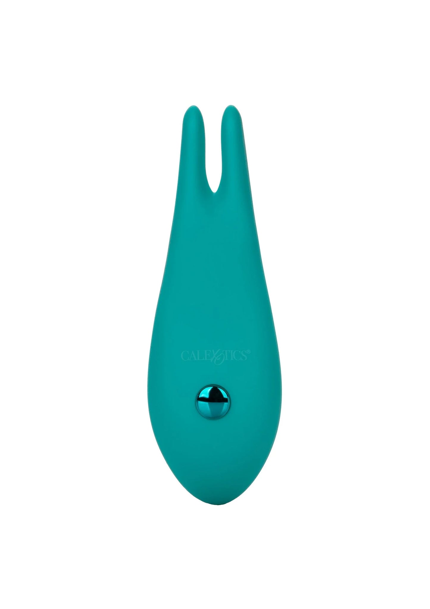 Turquoise konijn-vibrator met twee oren en CalExotics-logo op de voorzijde