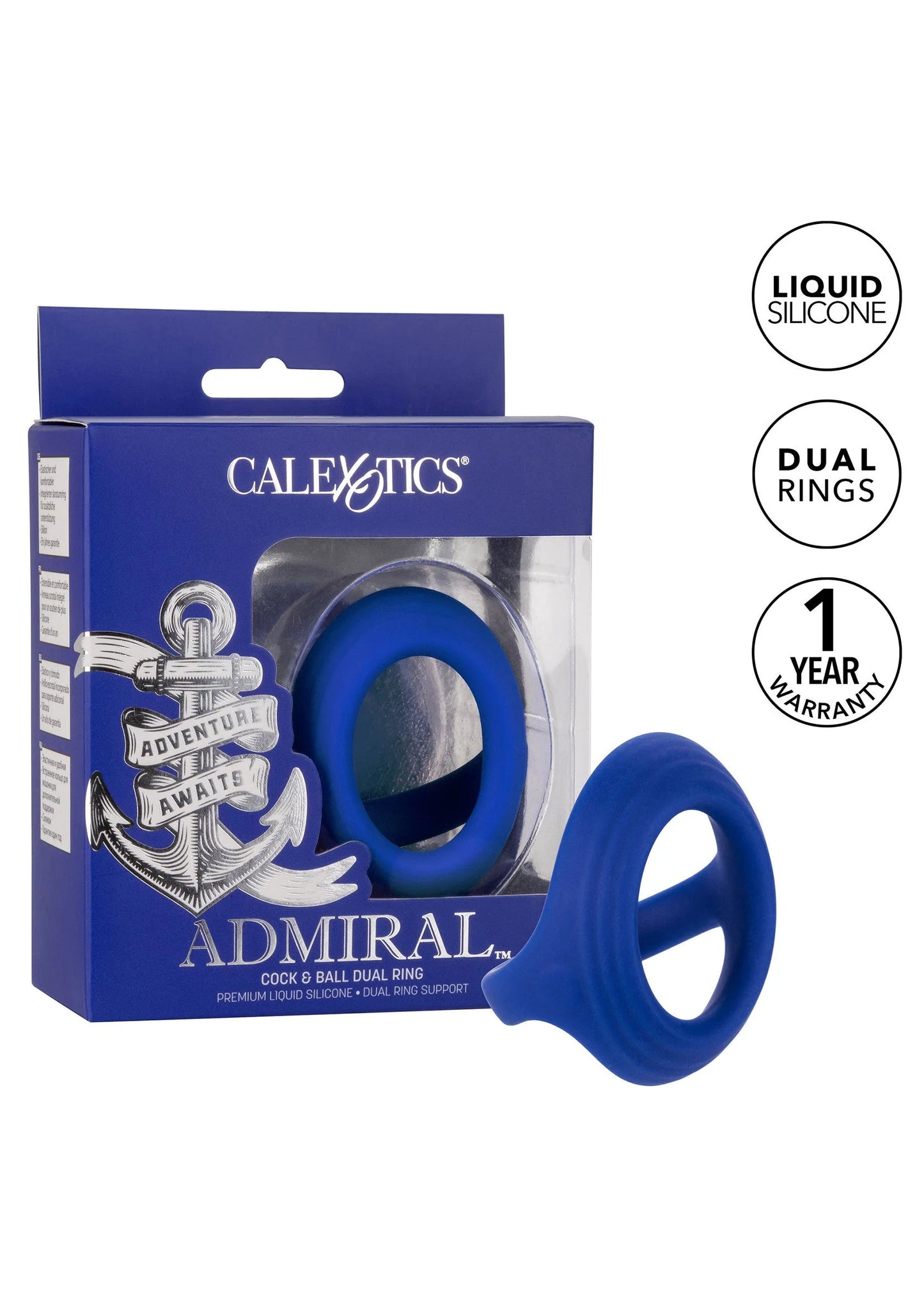 Verpakte blauwe dual ring set van CALEXOTICS met ring en haak-sleutelring