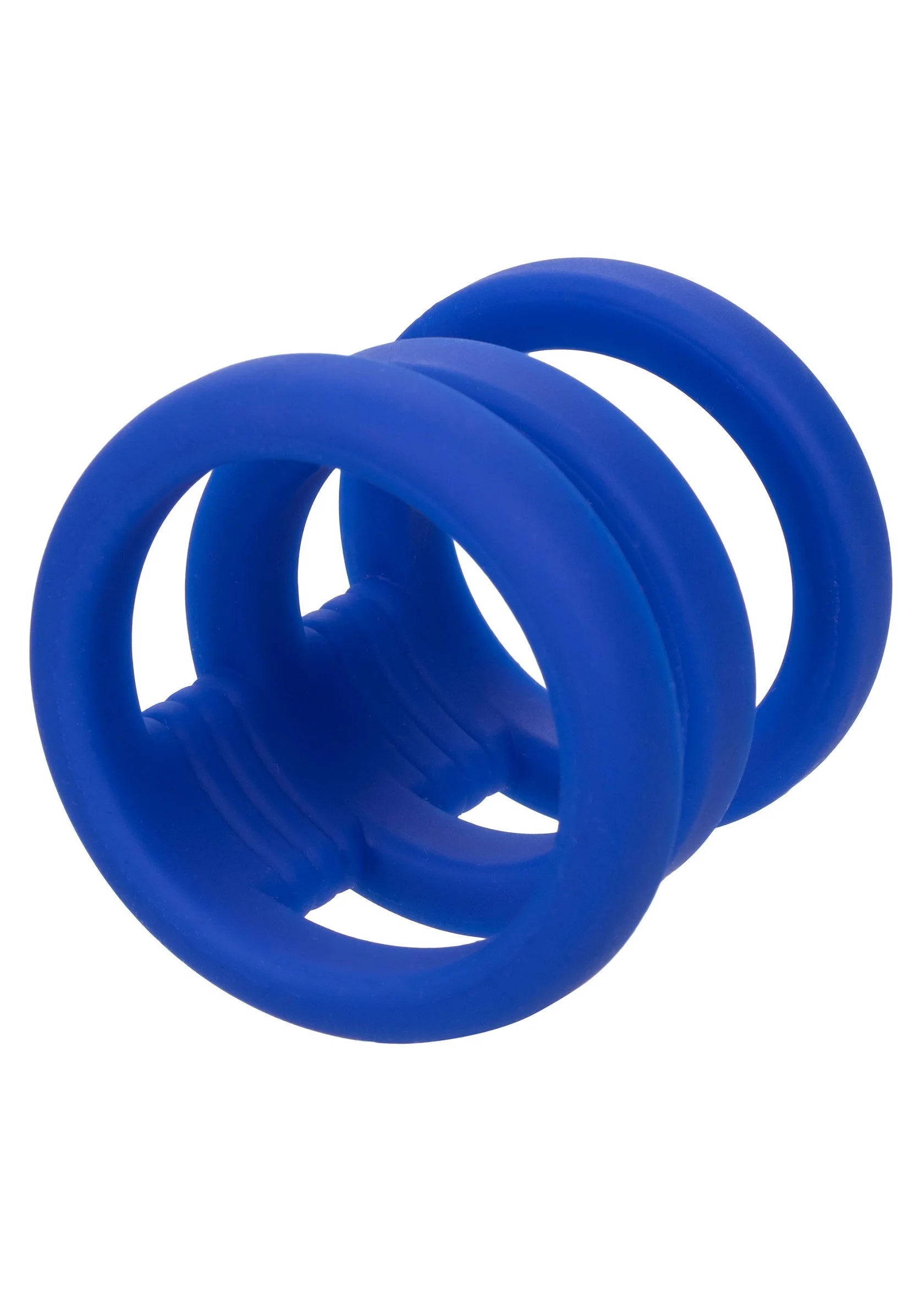 Blauwe siliconen cockringkooi met drie ringen, close-up