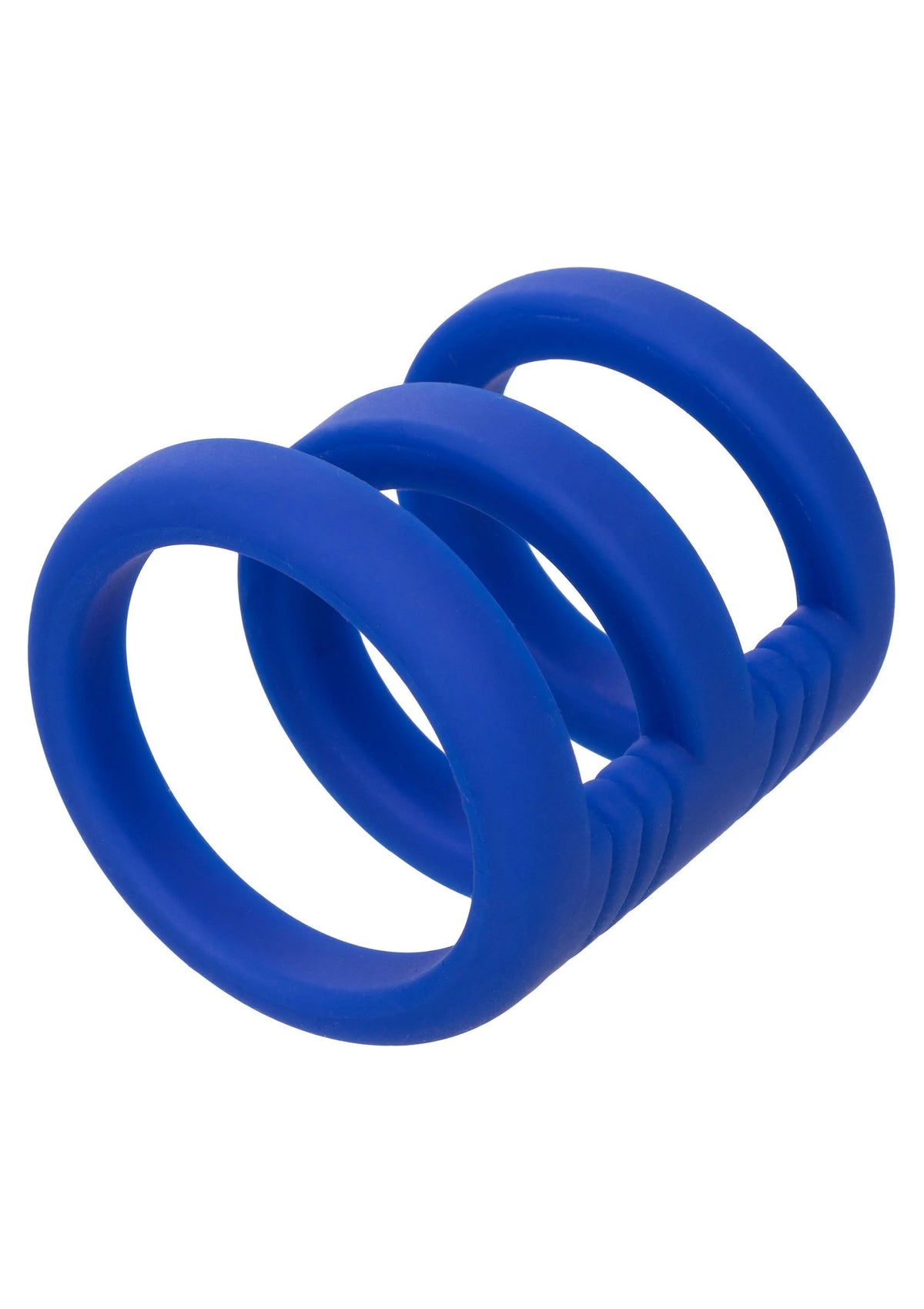 Blauwe siliconen cockringkooi met drie ringen, zijkant