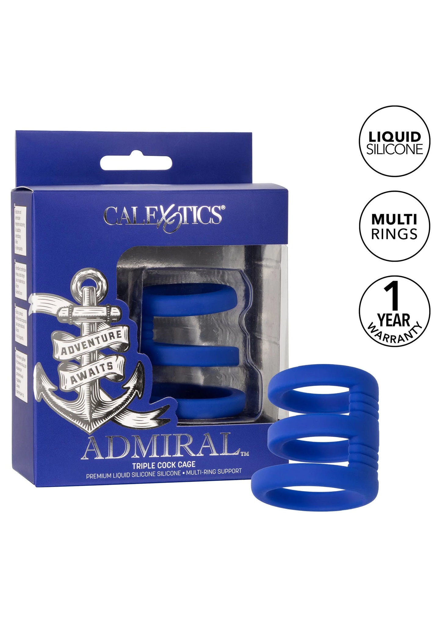 CALEXOTICS Admiral cockringkooi met blauwe siliconen ringen en Liquid Silicone