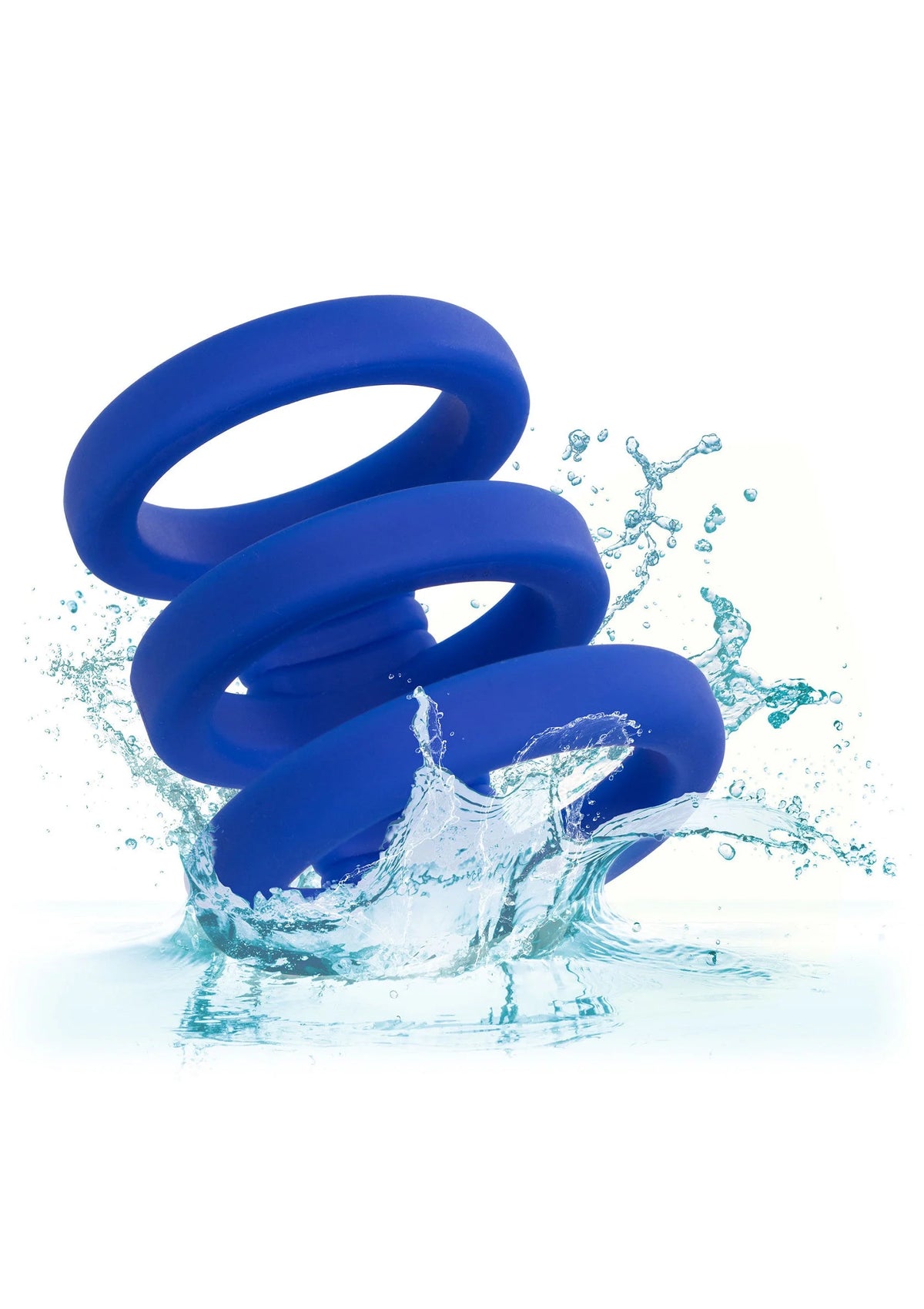 Blauwe siliconen cockringkooi met drie ringen, met waterdruppels eromheen