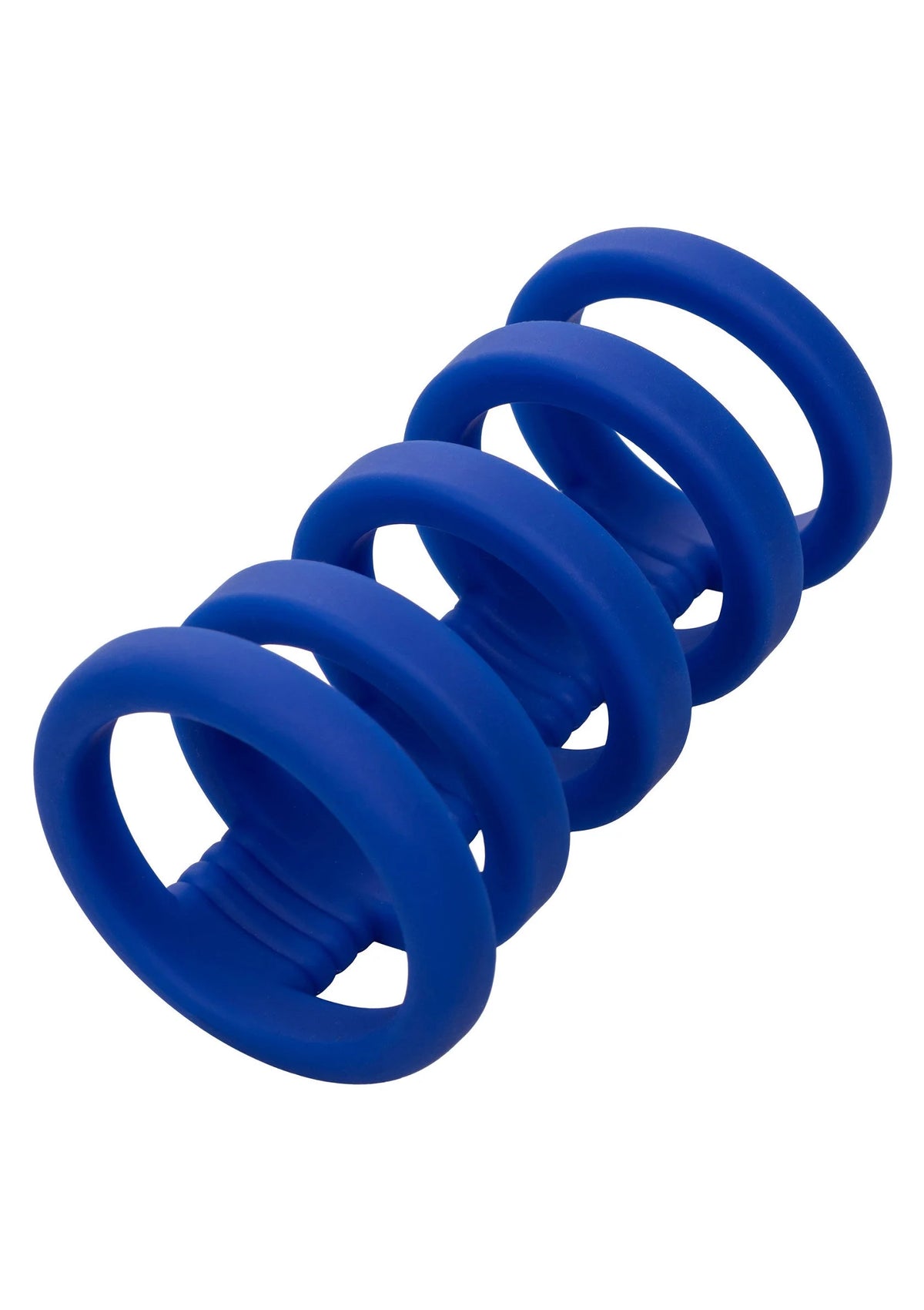 Blauwe siliconen cockkooi met ronde ringen, gedraaid perspectief.