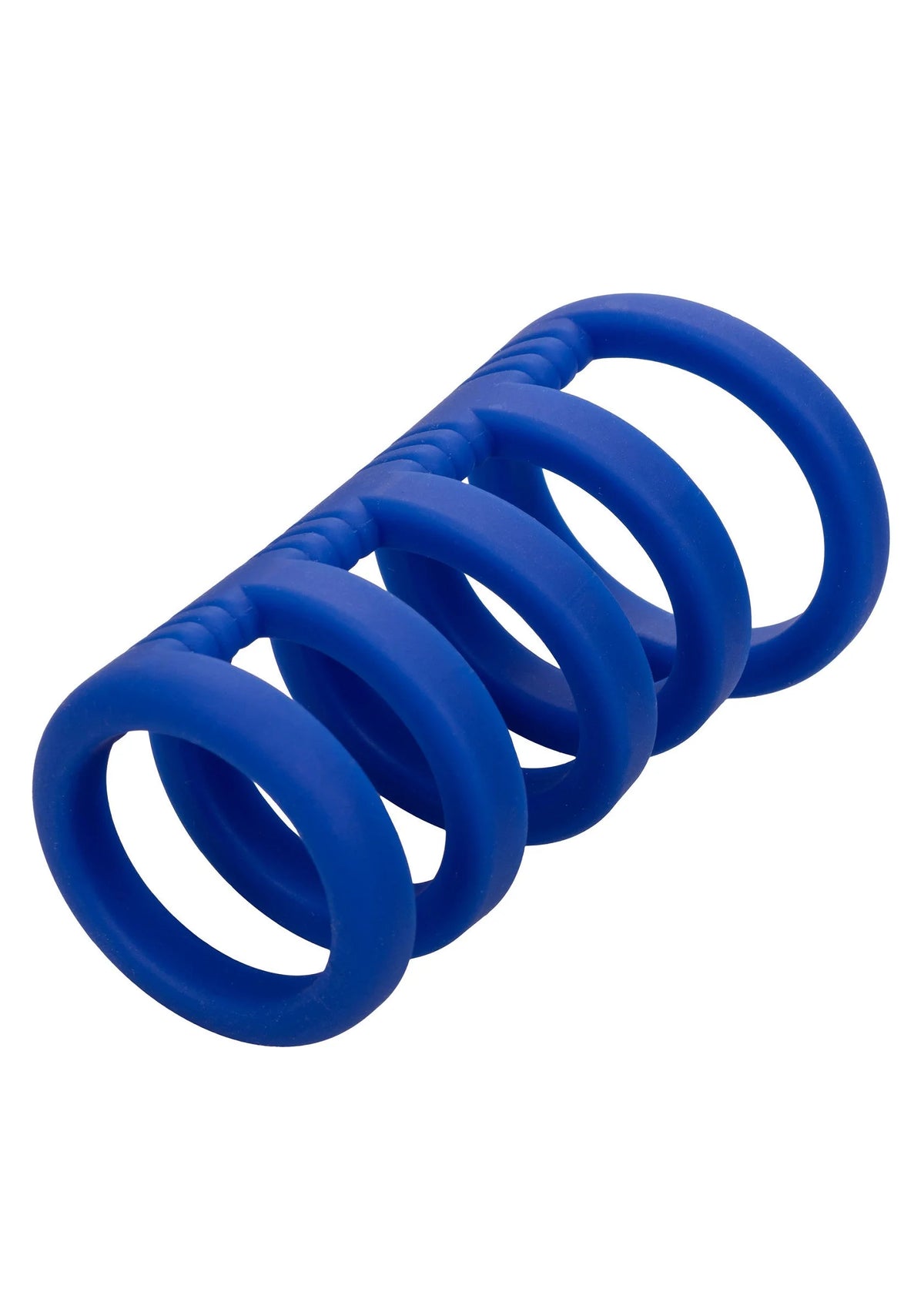 Blauwe siliconen cockkooi met meerdere ringen, zijaanzicht.