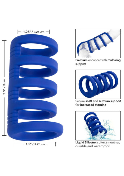 Blauwe siliconen cockkooi met multi-ringen; grafiek met maat en details.