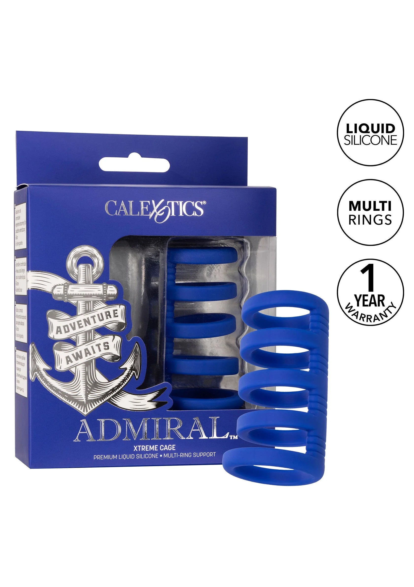 CalExotics Admiral cockkooi set in doos met blauwe siliconen multi-ringen.