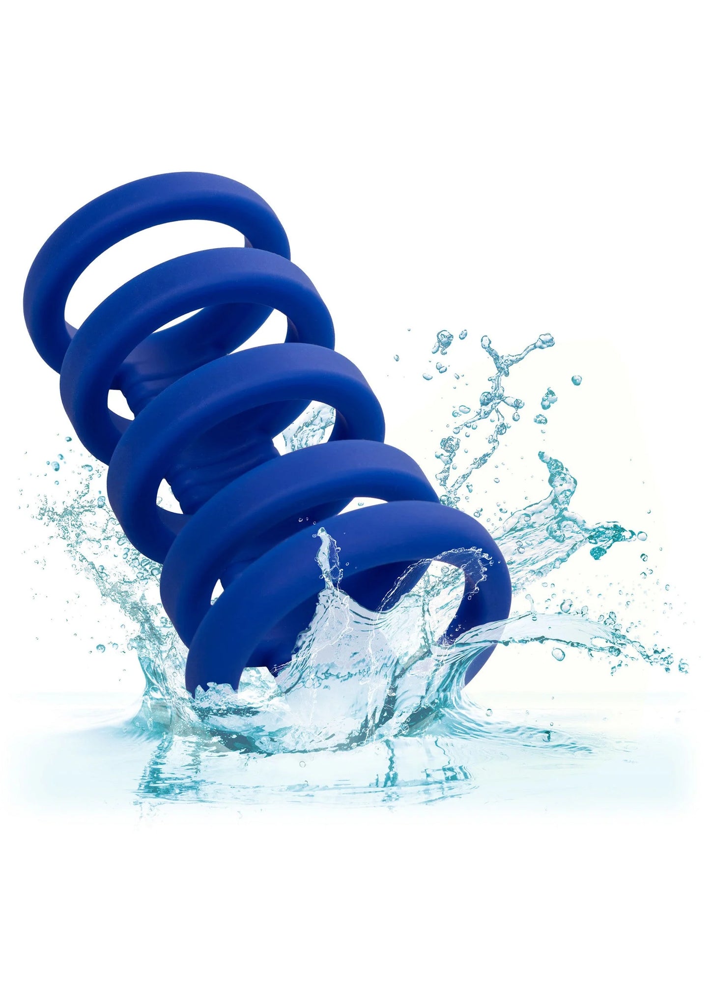 Blauwe siliconen cockkooi met meerdere ringen, water-splash effect zichtbaar.
