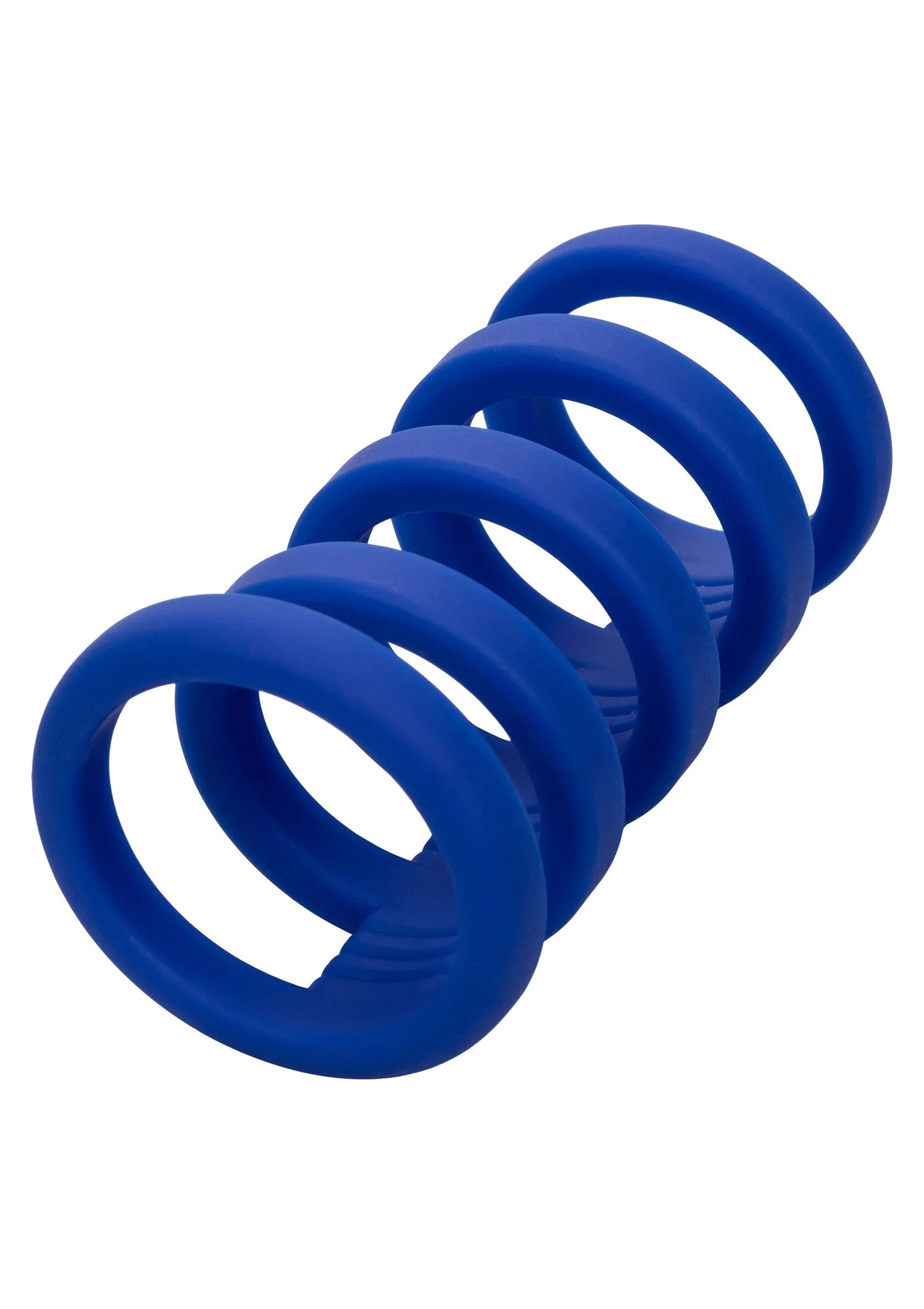 Blauwe siliconen cockkooi met meerdere ringen in spiraalvorm.