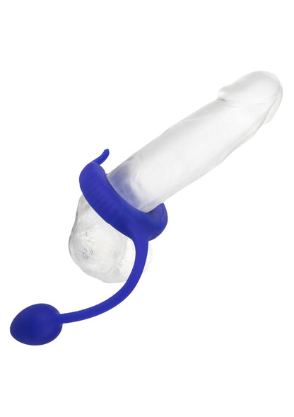 Transparante en blauwe siliconen penisring met staart en bol uiteinde