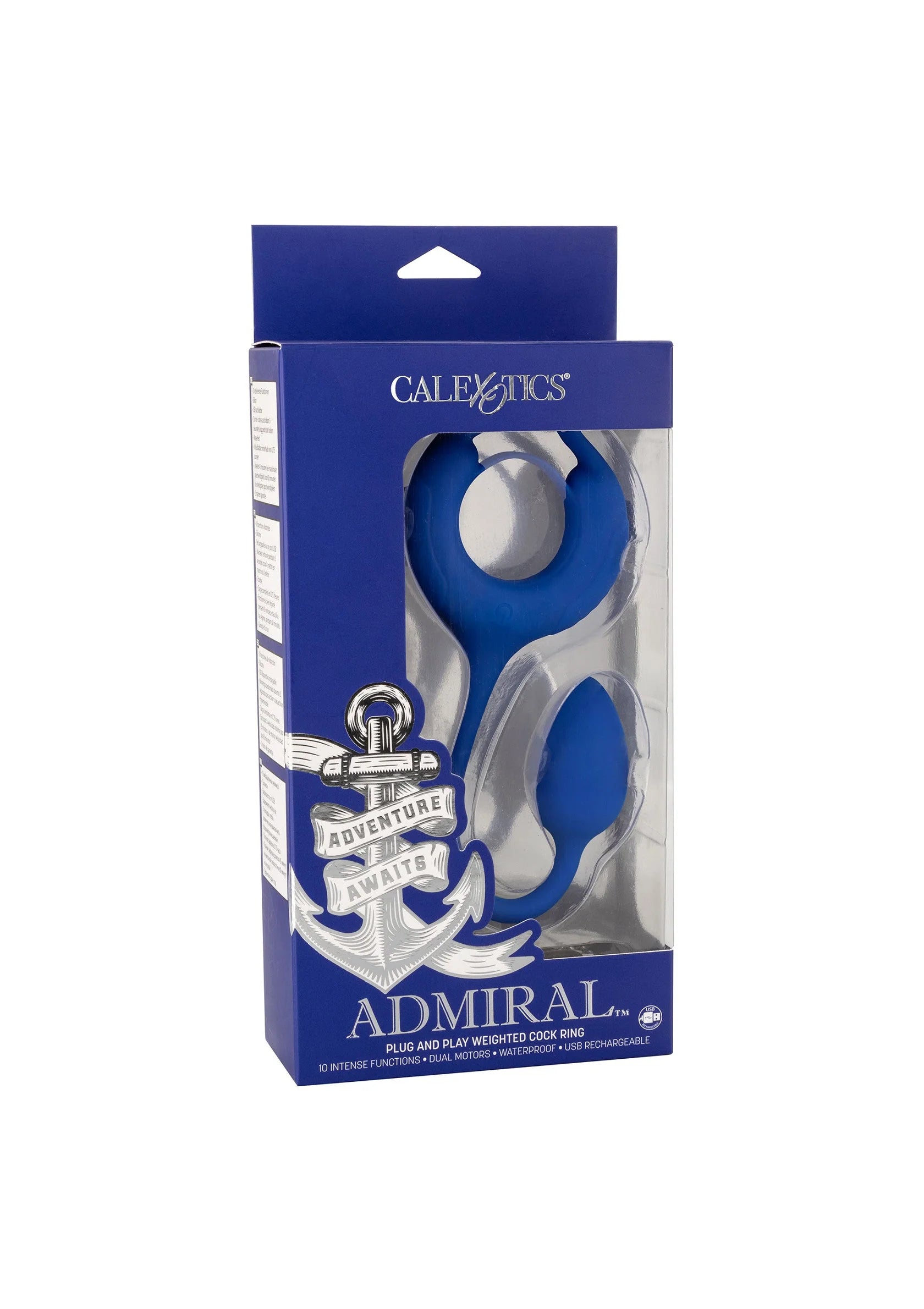 CalExotics Admiral set: blauwe siliconen penisring met staart in verpakking