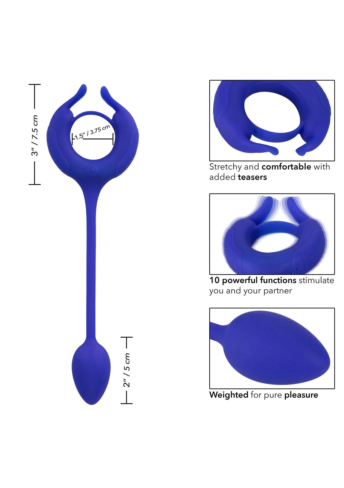 Blauwe siliconen penisring met staart; afmetingen in cm aangegeven
