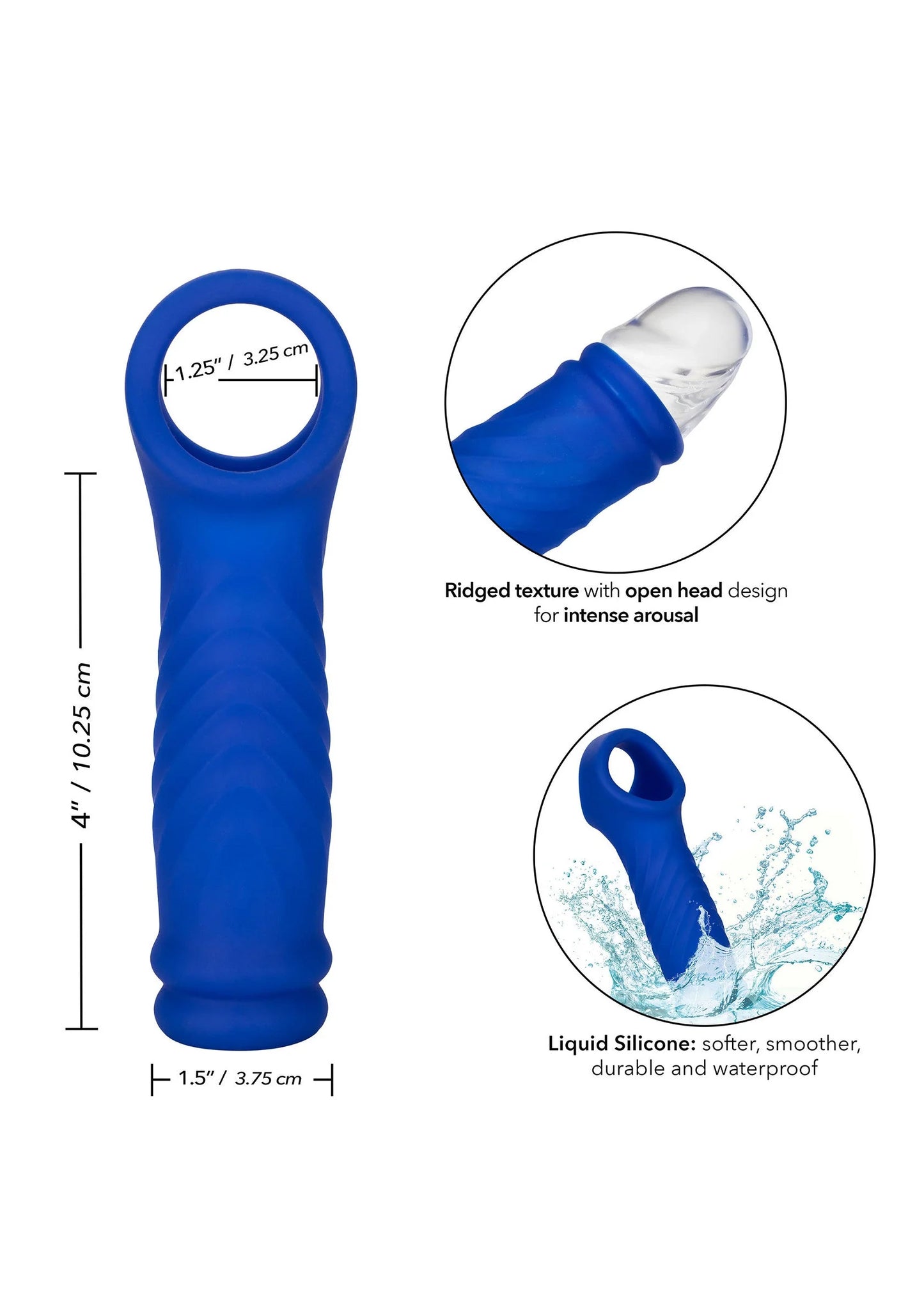 Blauwe siliconen extensie met geribbelde grip en open top