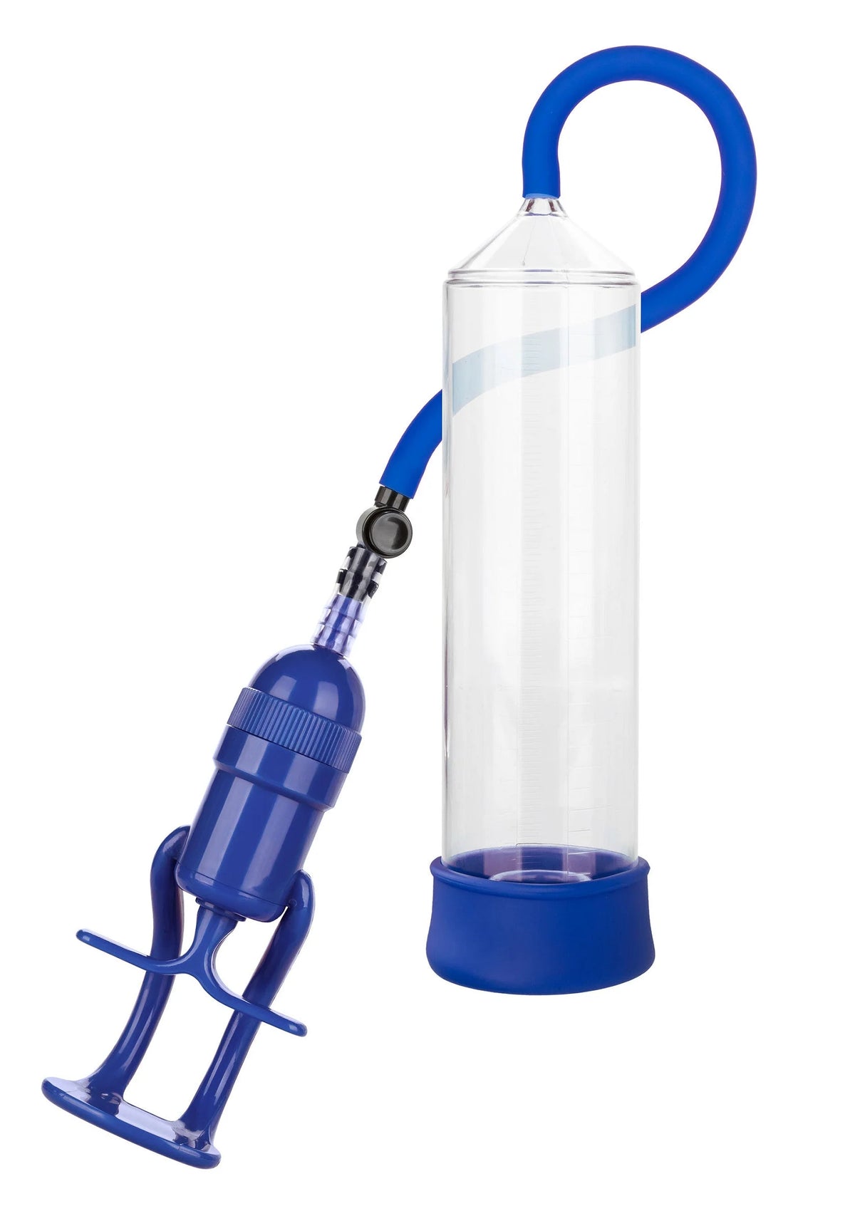 Blauwe zuigpomp met U-vormige handgreep en doorzichtige cilinder