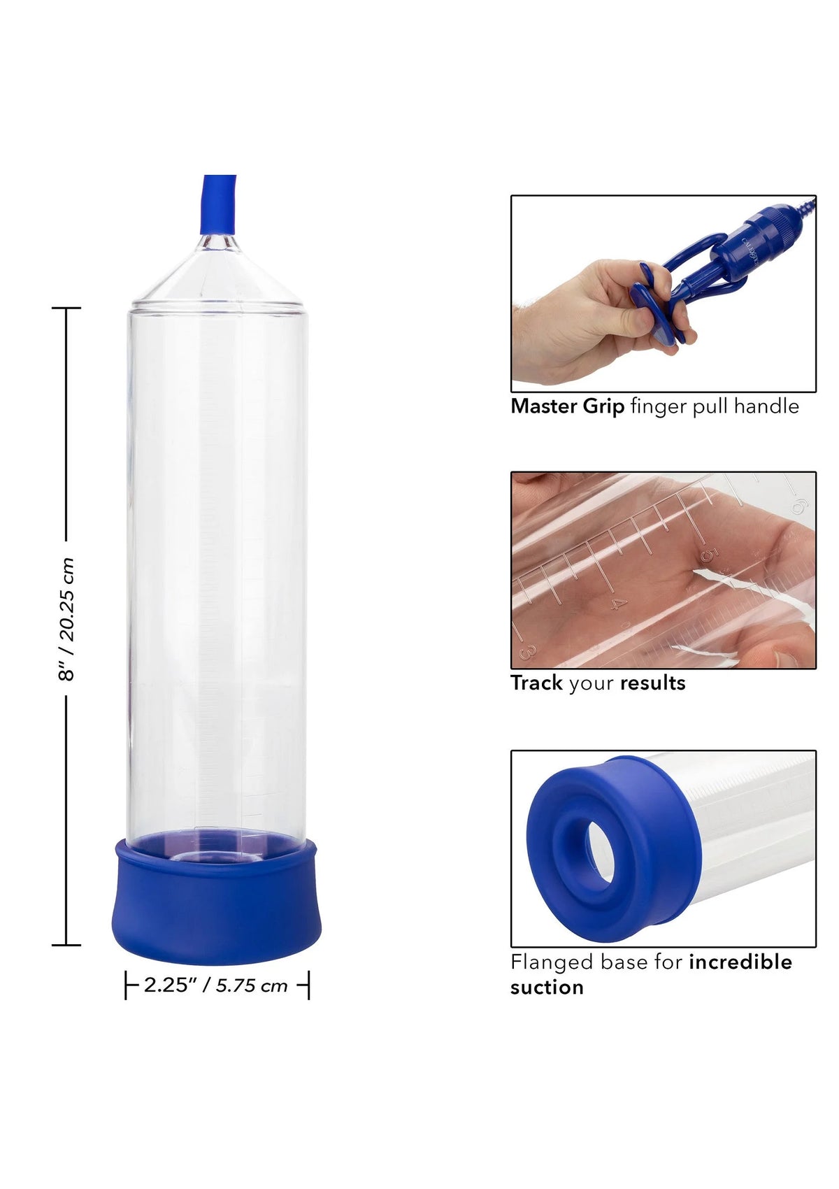 Penispomp met transparante cilinder en blauwe zuigbasis