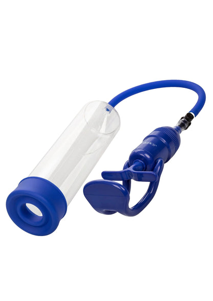 Penispomp met transparante cilinder en blauwe handgreep met slang