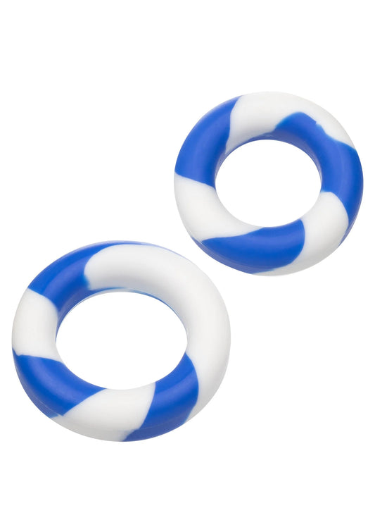 Set van 2 blauwe en witte siliconen ringen met speelse strepen rond het oogje