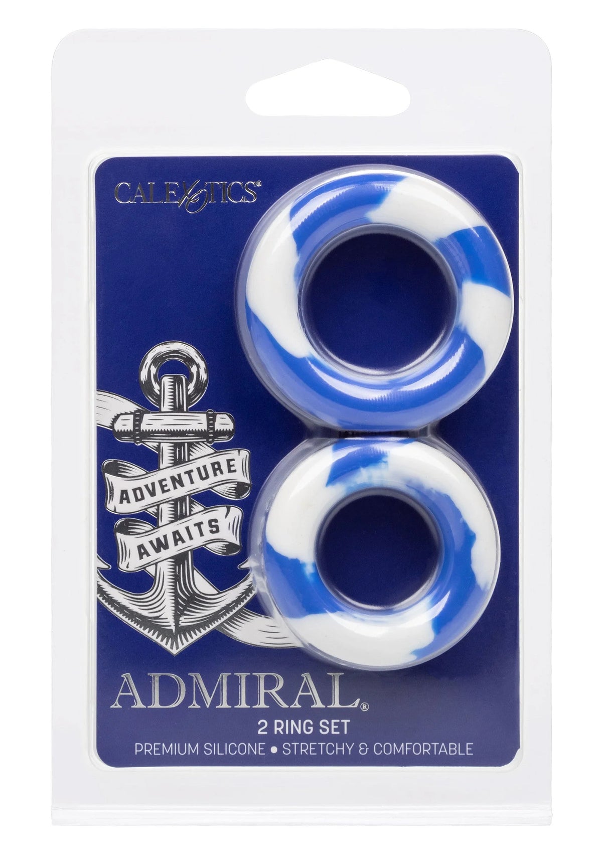 CalExotics Admiral set van 2 blauwe en witte siliconen ringen in blisterverpakking