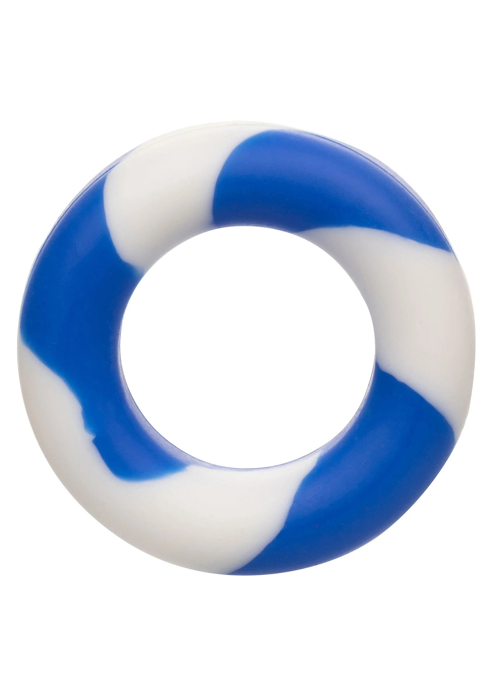 Blauwe en witte gestreepte siliconen ring in close-up, ronde opening