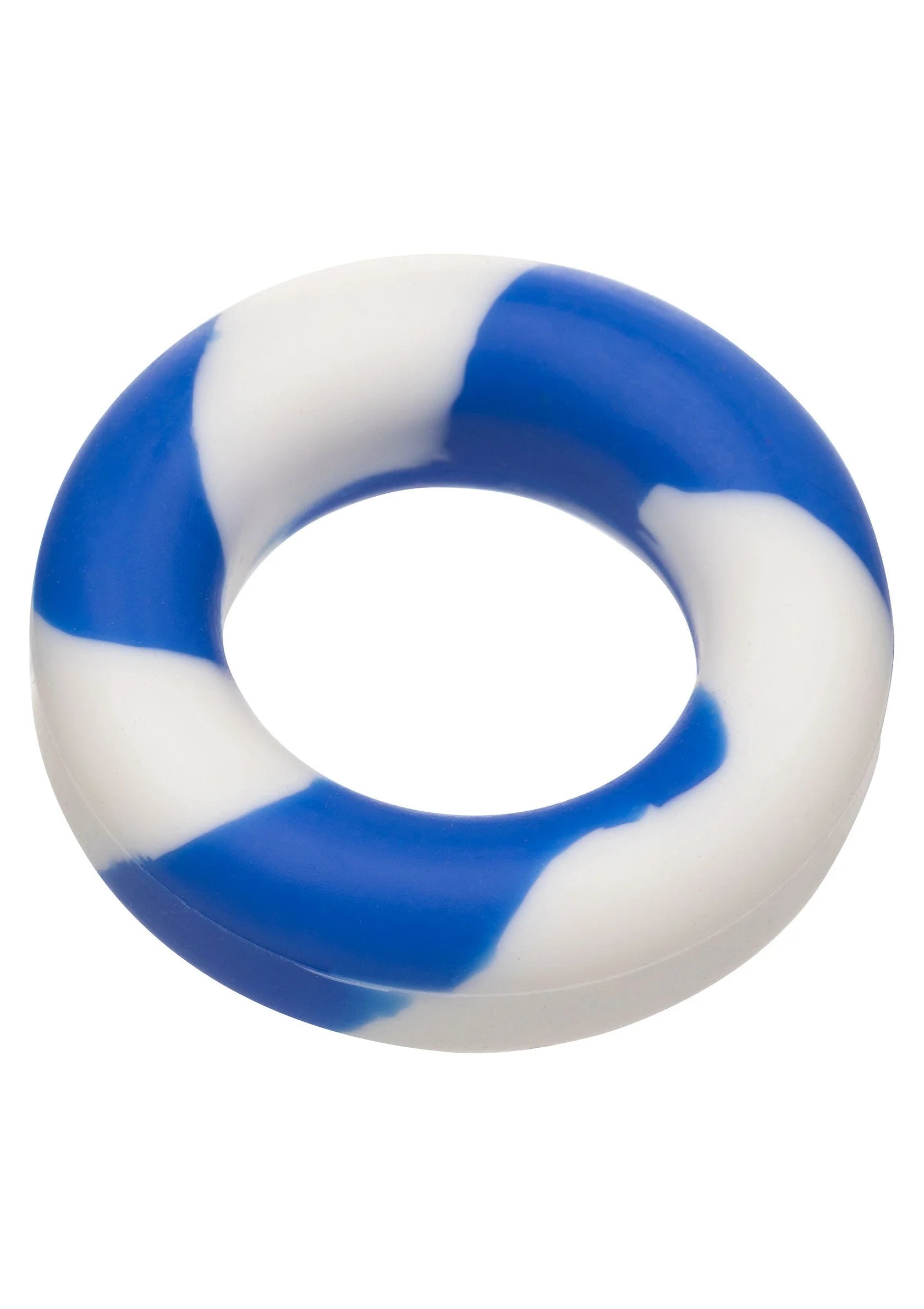 Blauwe en witte gestreepte siliconen ring, close-up vanaf de zijkant