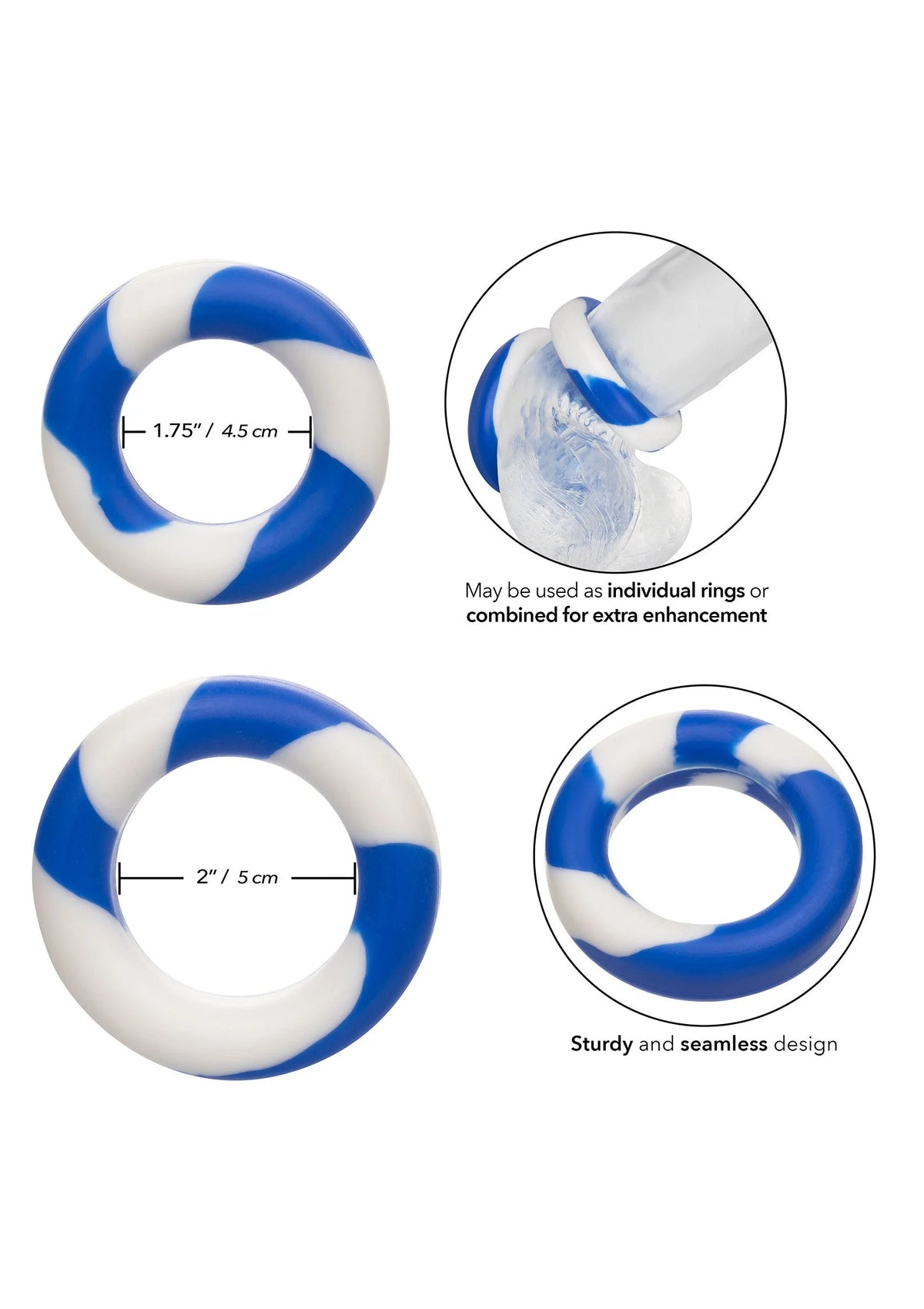 Blauwe en witte siliconen ringen, inclusief maataanduiding in de hoek