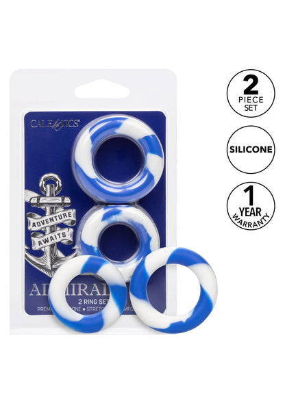 CalExotics Admiral set: 2 blauwe en witte siliconen ringen in blisterverpakking