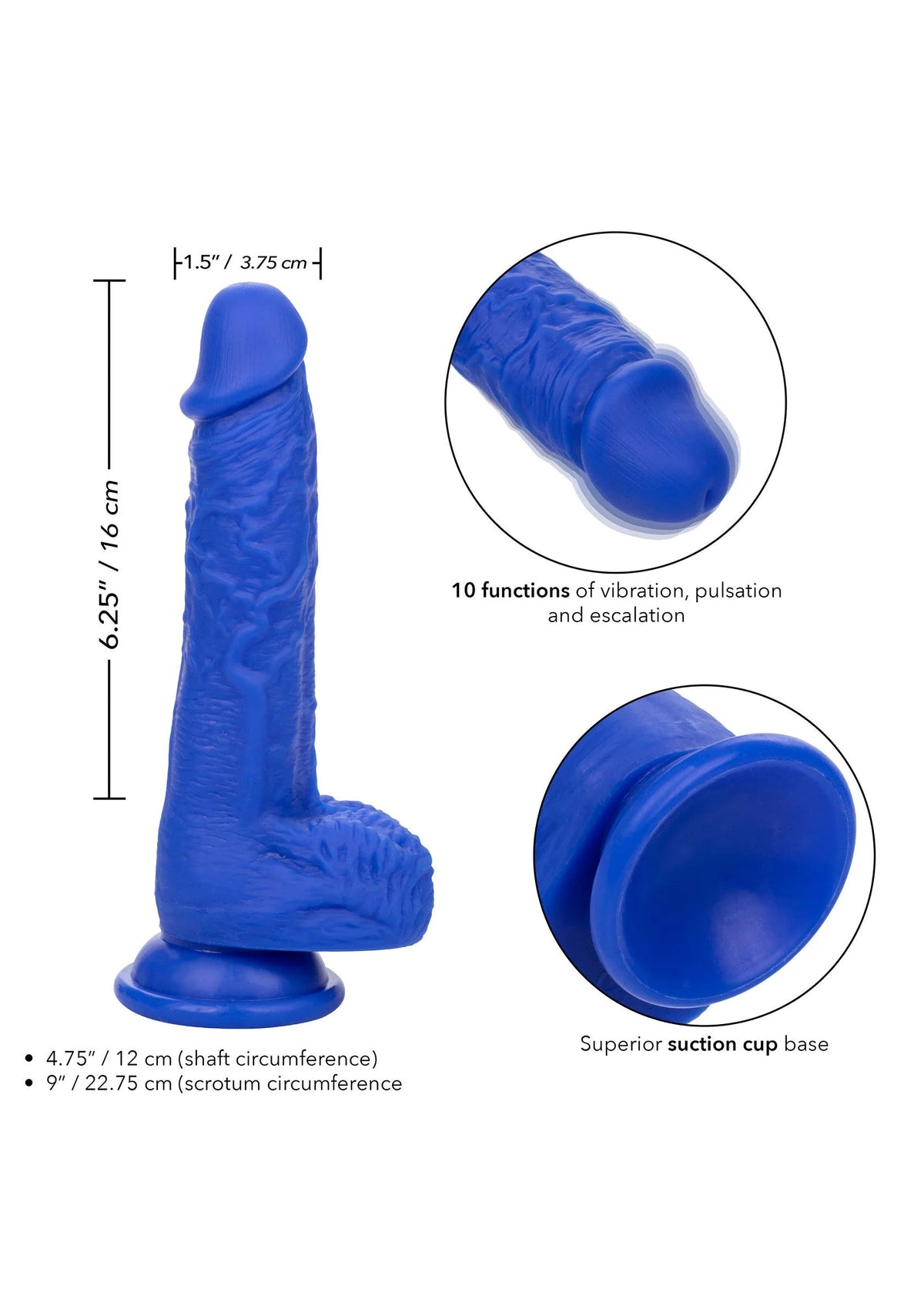 Blauwe vibrator-dildo met afmetingen en uitsnede: kop, schacht en zuigvoet