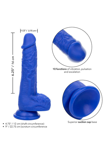 Blauwe vibrator-dildo met afmetingen en uitsnede: kop, schacht en zuigvoet