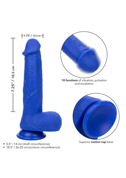 Blauwe vibrerende kapiteinsvibrator met zuignapbasis en afmetingenillustratie