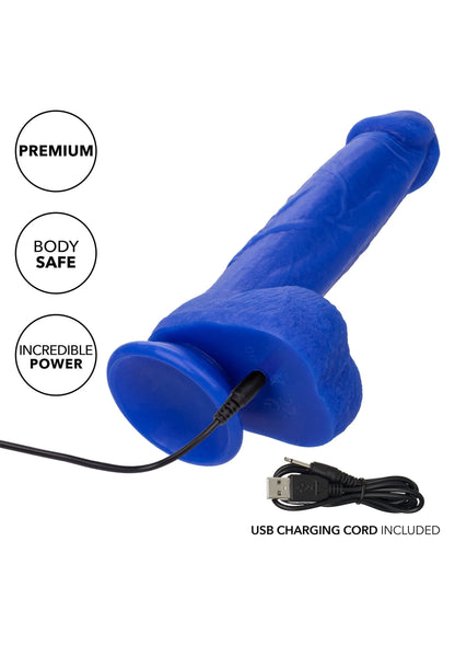 Blauwe vibrerende dildo met kabel en USB-oplaadkoord, detail van onderkant