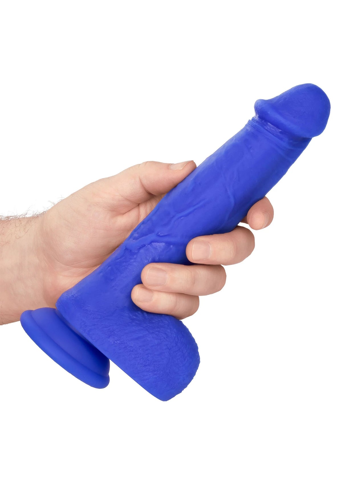 Blauwe vibrerende dildo in hand, zicht op textuur en brede basisring