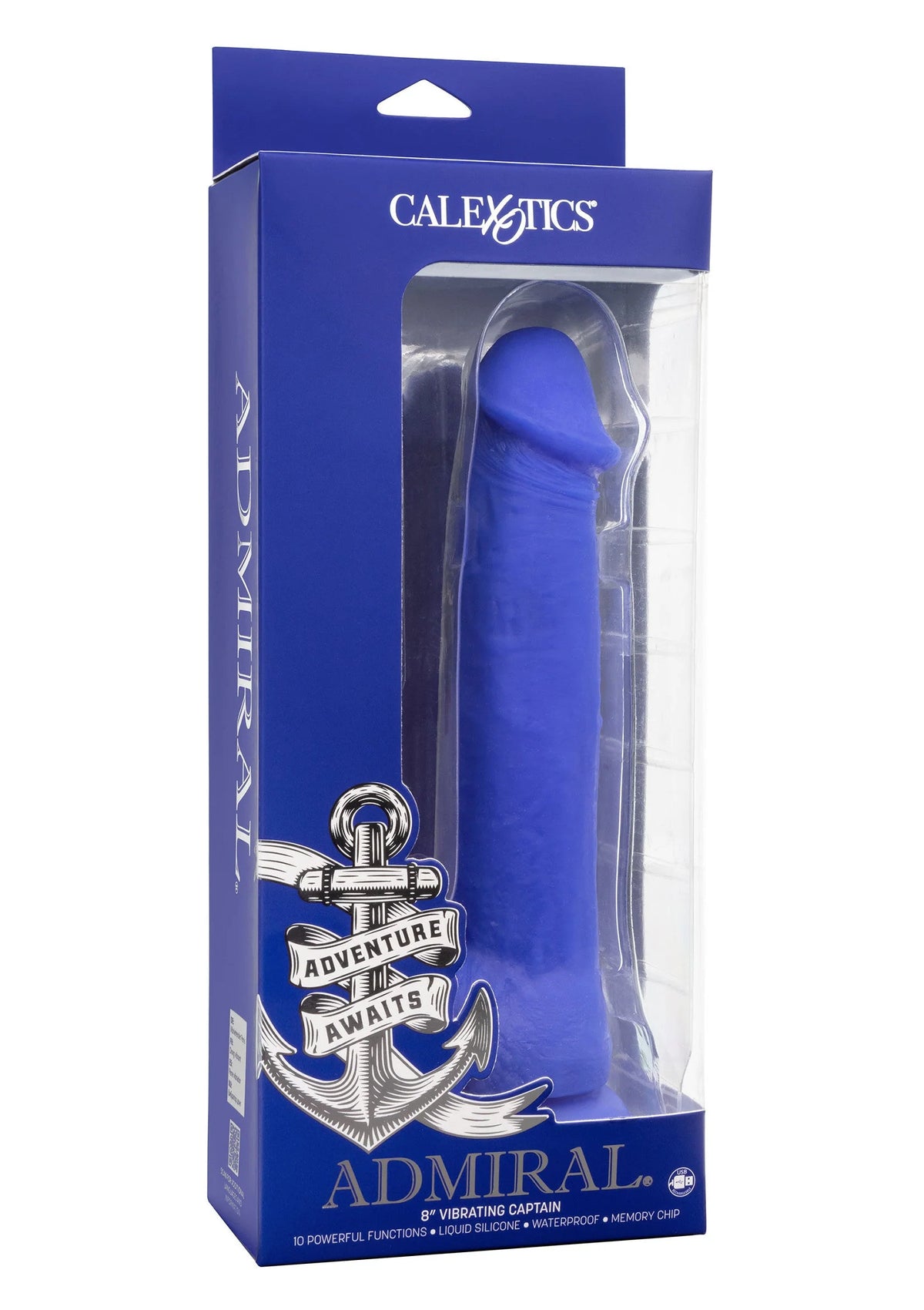 Verpakte blauwe Admiral vibrerende kapiteinsvibrator van CalExotics in doos