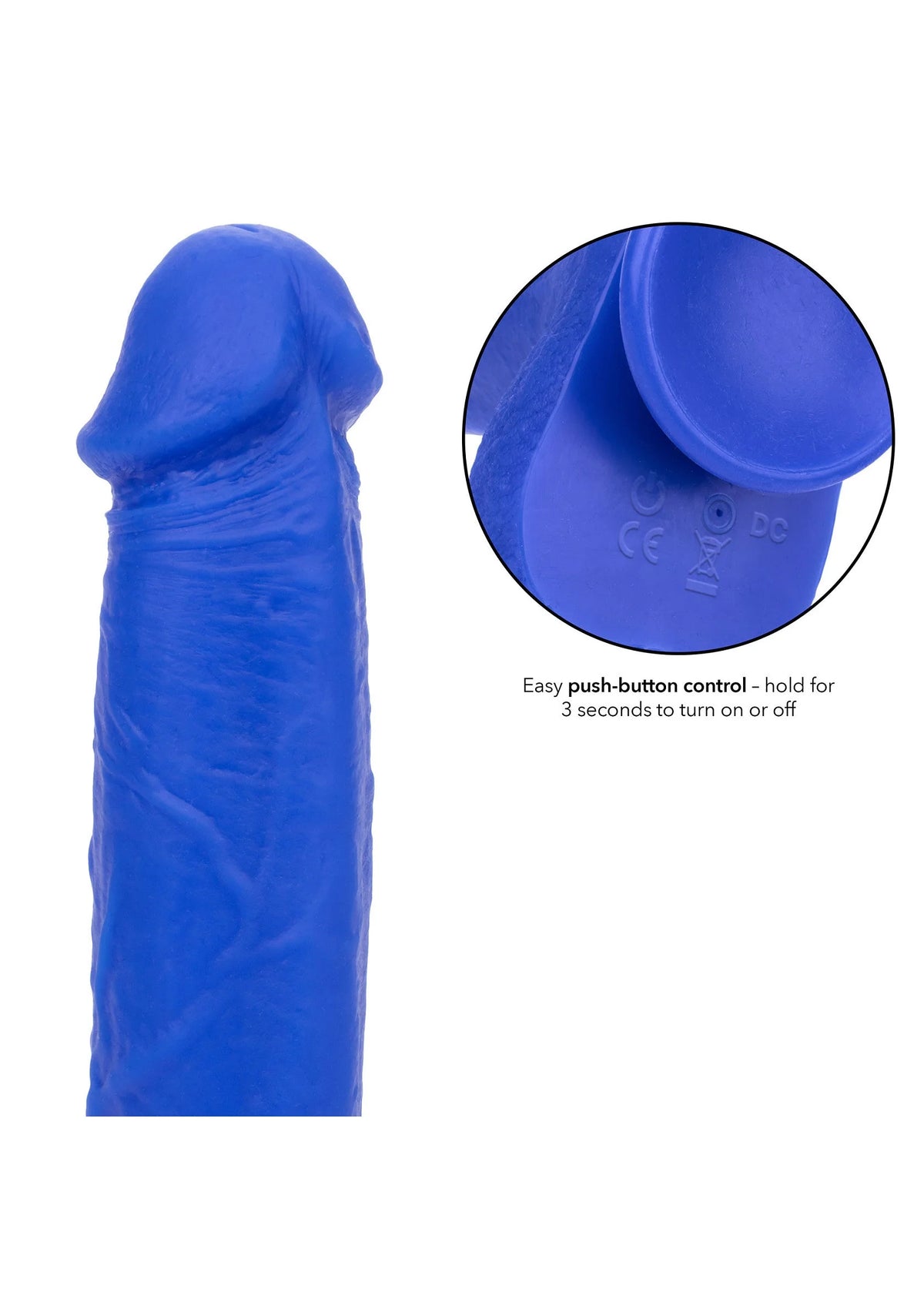 Blauwe vibrerende dildo met knopdetails op de basis, close-up van bedieningsvlak
