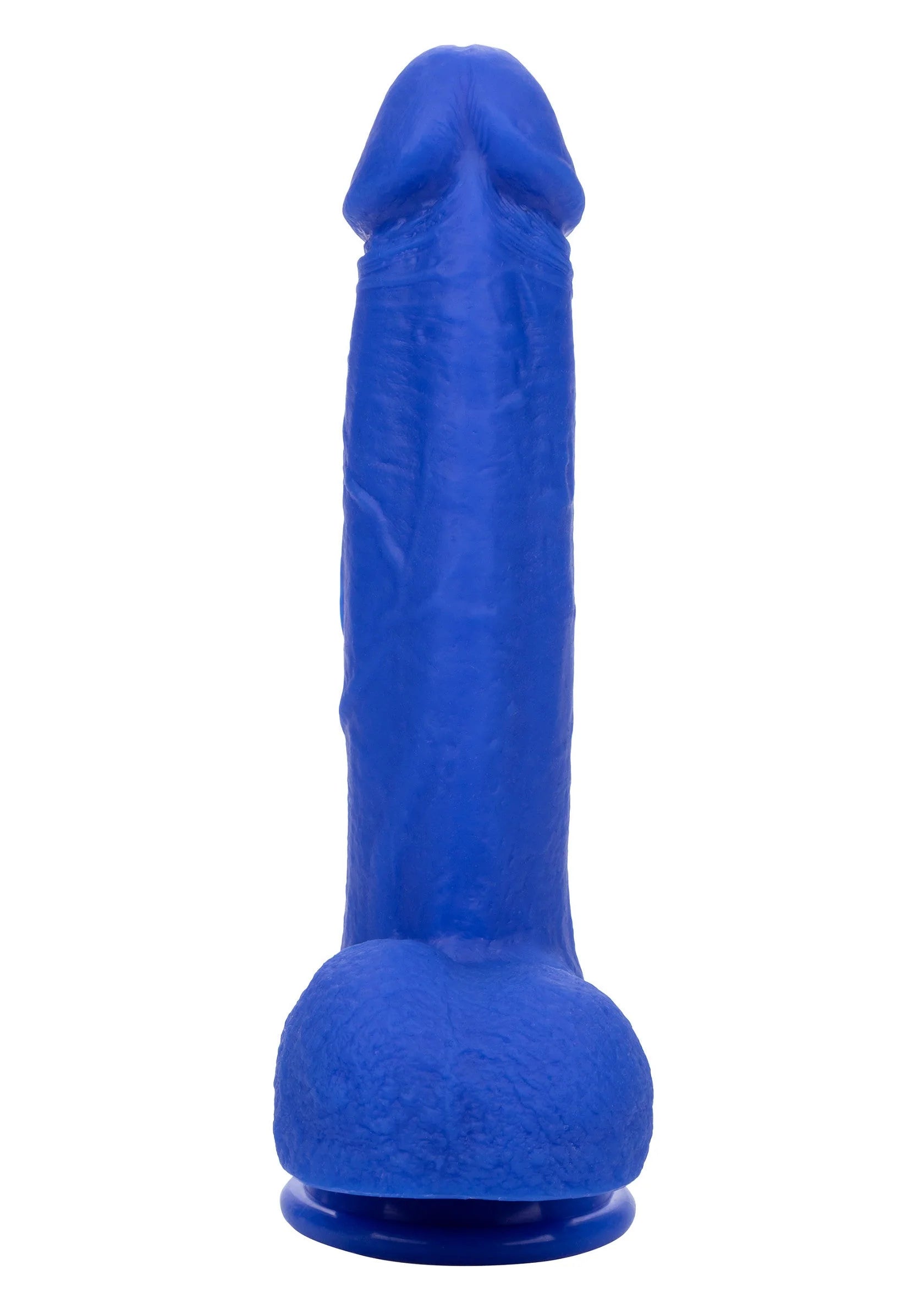 Blauwe vibrerende dildo staand, brede basis en afgeronde top
