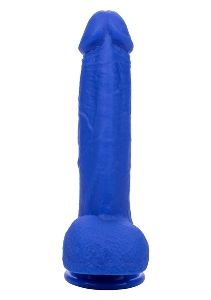 Blauwe vibrerende dildo staand, brede basis en afgeronde top