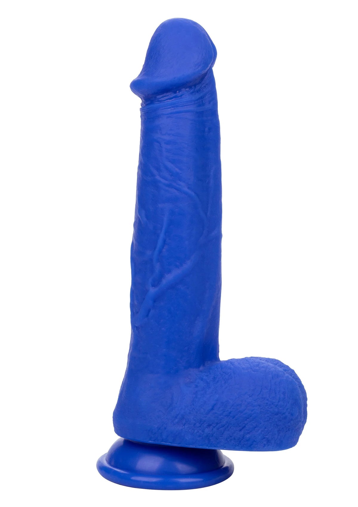 Blauwe vibrerende dildo vanuit andere hoek, brede basis met ronde voet