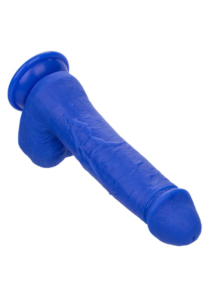 Blauwe vibrerende dildo schuin zijaanzicht met afgeronde kop en basisring