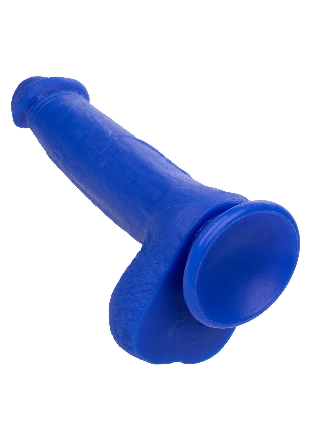 Blauwe vibrerende dildo close-up van open basisopening en afgeronde kophuls