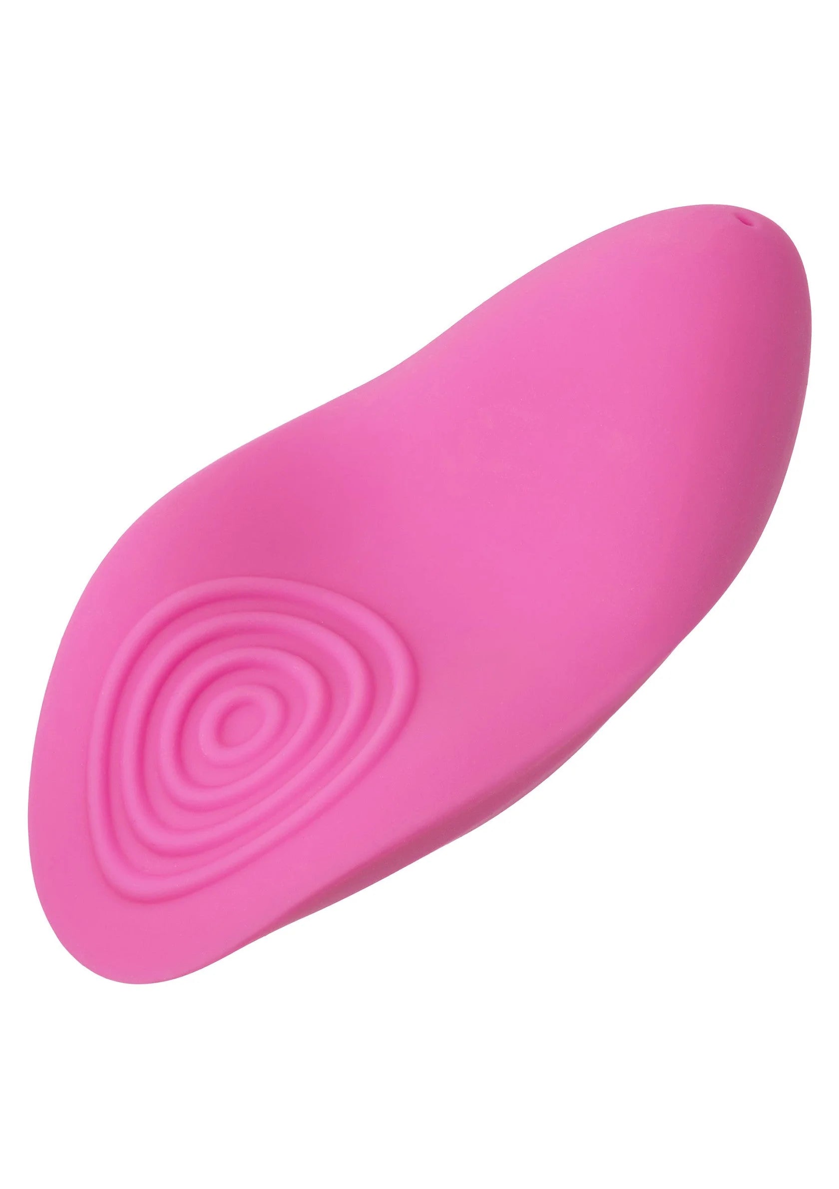 Roze vingervibrator close-up met ovaal ribbelpatroon op de voorkant