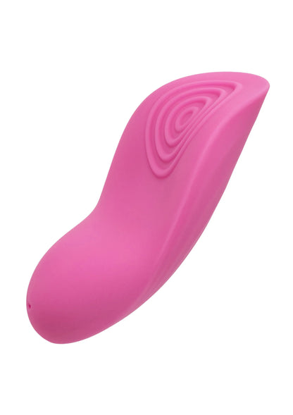 Roze vingervibrator met spiral-relief op de bovenkant en afgeronde rand