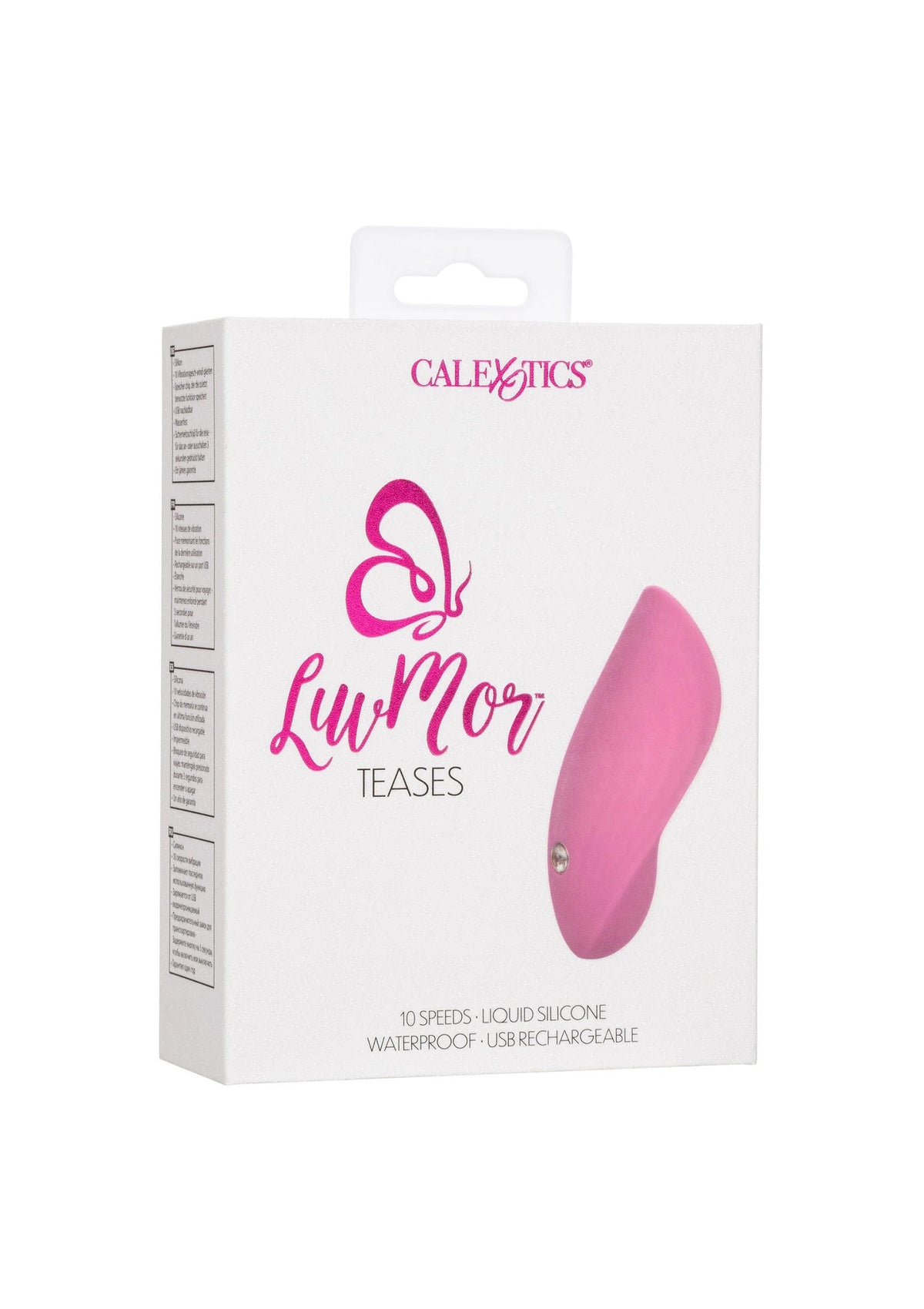 Verpakkingsdoos van CalExotics LuvMor Teases met roze vingervibrator afgebeeld