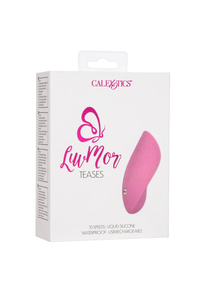 Verpakkingsdoos van CalExotics LuvMor Teases met roze vingervibrator afgebeeld