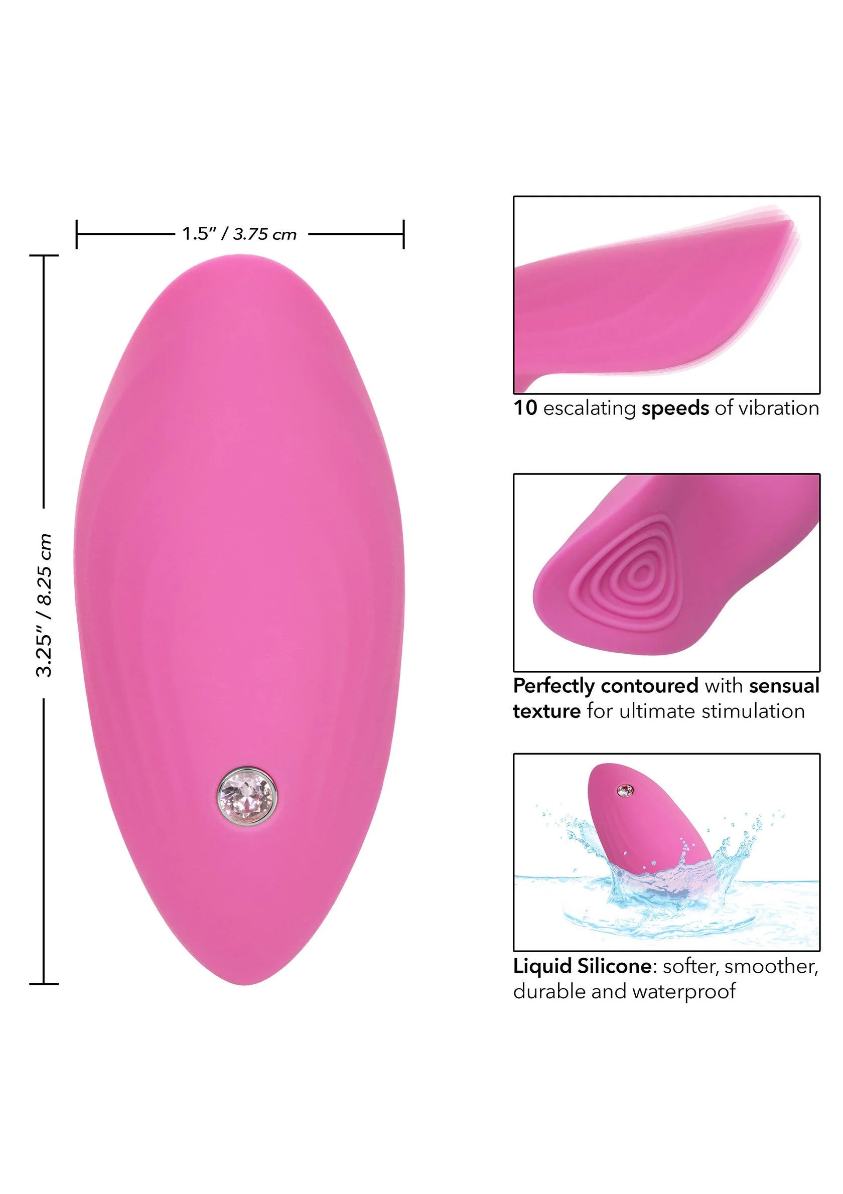 Roze vingervibrator met afmetingen, 10 snelheden en waterdichte liquid silicone illustraties
