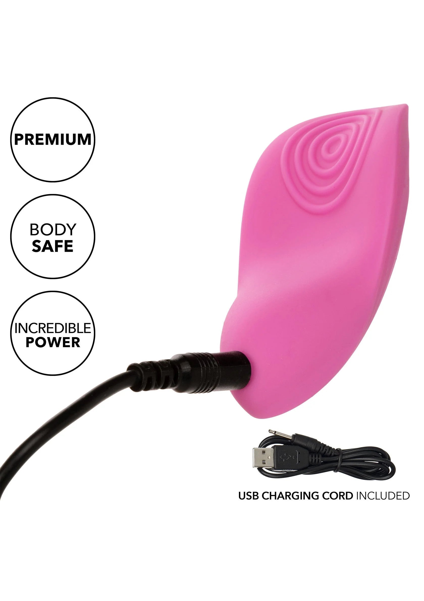 Roze siliconen vingervibrator met draaikabel en USB-oplaadsnoer, met ribbelpatroon