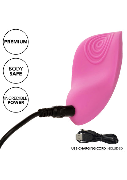 Roze siliconen vingervibrator met draaikabel en USB-oplaadsnoer, met ribbelpatroon