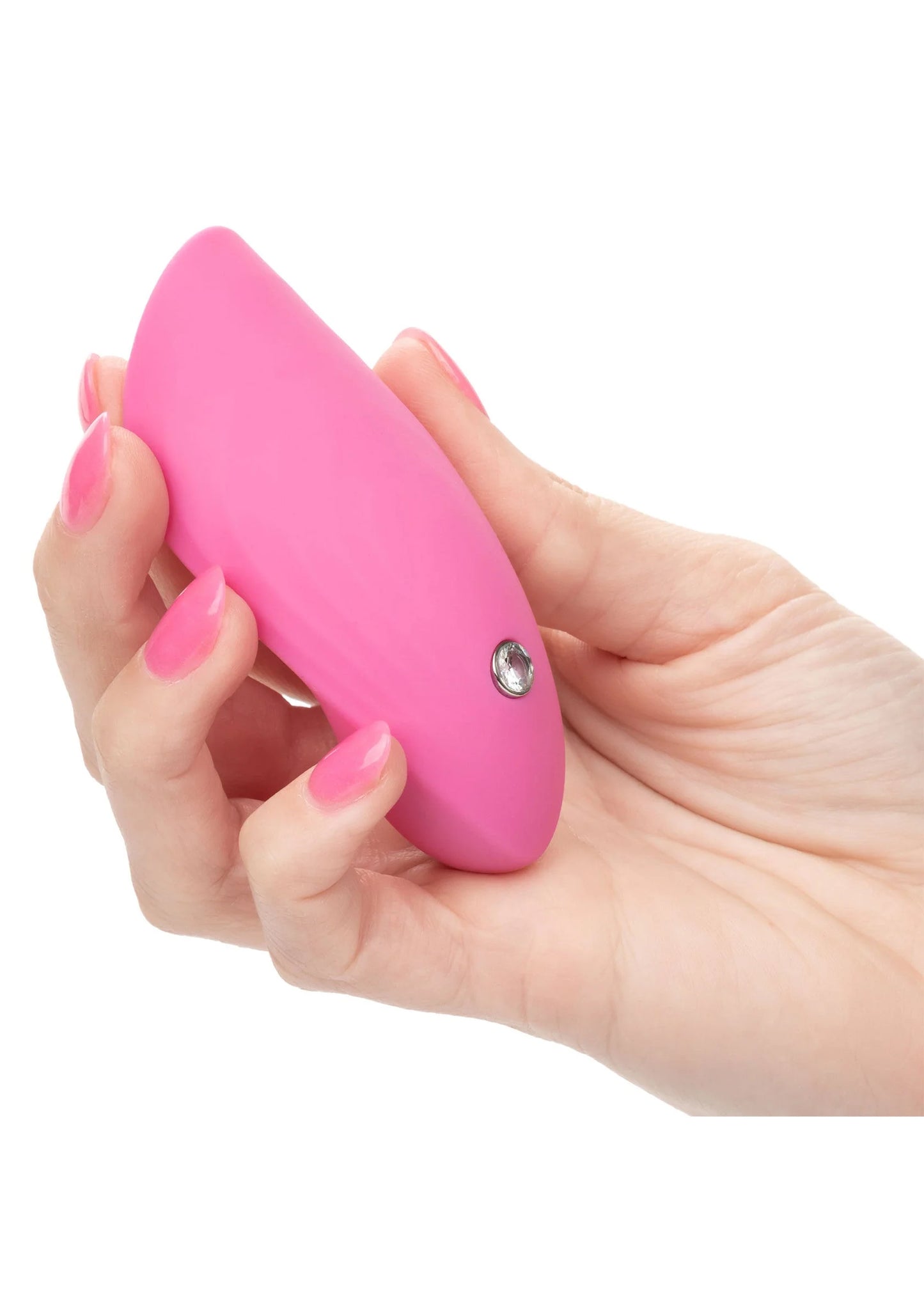 Roze vingervibrator in hand, met glinsterende ronde metalen inzet onderaan
