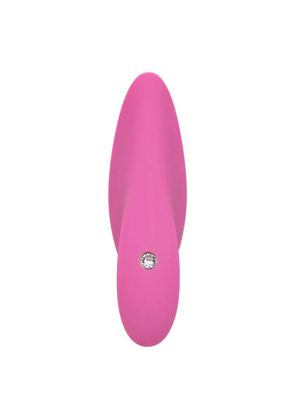 Roze vibrator met zilverkleurig detailknopje, langwerpige ovale vorm
